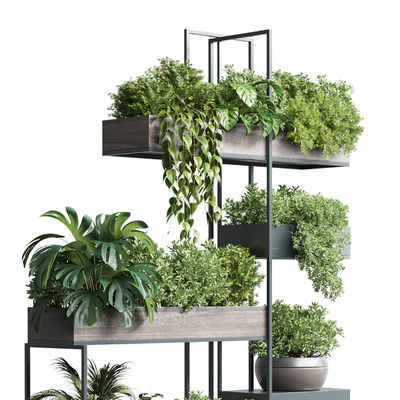 Standing metal shelf with a set of plants in wooden and metal boxes 267 — Ver 5