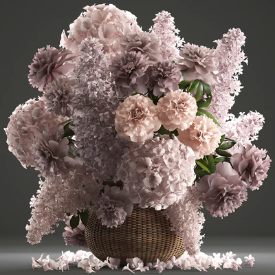 A bouquet of flowers 85. Lilac, hydrangea, basket, decor, peonies, eco design, natural decor, table decoration — Ver 1