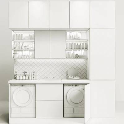 Laundry room in gray with cosmetics, household appliances and bathroom accessories 8 — Ver 2