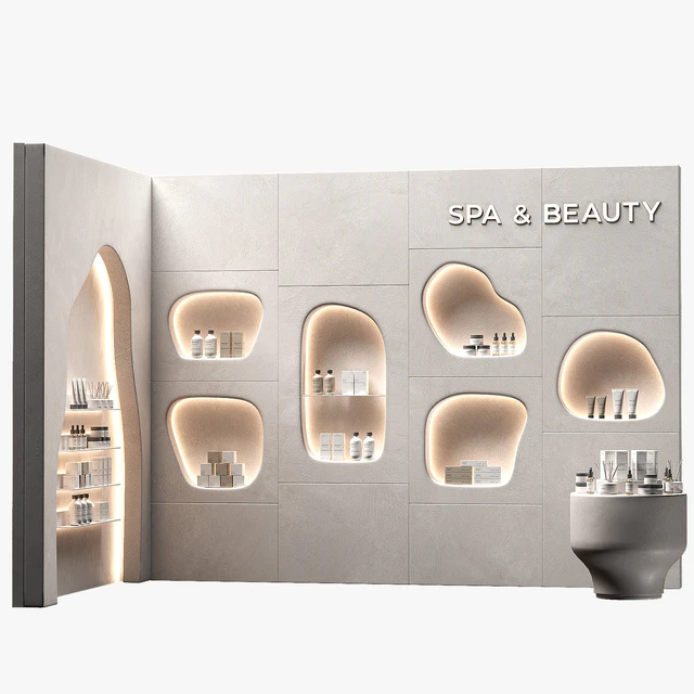 Modular Niche Shelves in the wall. Cosmetics shop. Backlit wavy beauty salon. — Скачать