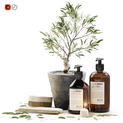 Tiny bonsai olive tree in stone pot with decor set for bathroom — Ver 1