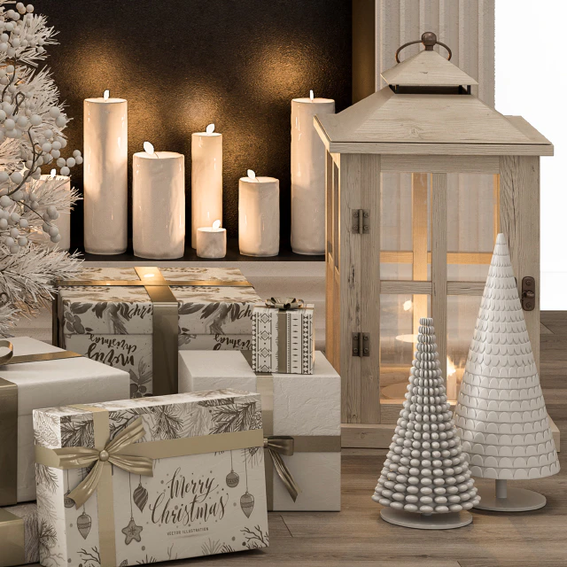 Christmas Decoration 26 - Christmas Gold and White Tree with Gift — Descargar