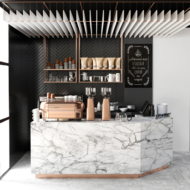 Cafe design 5. Coffee, coffee maker, coffee machine, coffee point, coffee grinder, dishes, marble, panels — Descargar