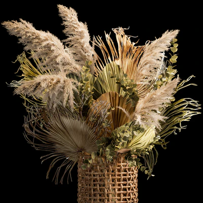 Installation bouquet pampas grass in a wicker basket of twigs, dry leaves, dried flower. 239. — Ver 6