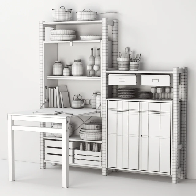 Ikea IVAR Shelving with table / cabinets / drawers and kitchen decor set — Скачать