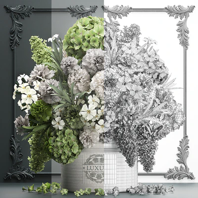 Bouquet of flowers 90. luxury bouquet, stucco frame, Hydrangea, lilac, peonies, oleander, vase, gold — Ver 3