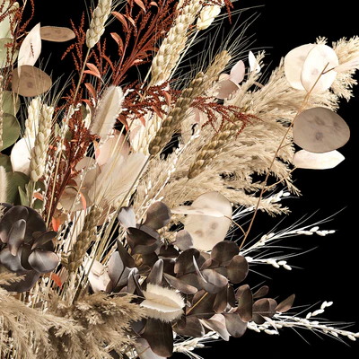 Bouquet in a glass vase made of dried flower, hydrangea, pampas grass, reed, cortaderia, moonflower, wheat, spikelet. 259. — Ver 6