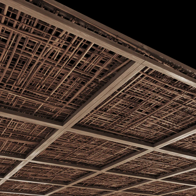 Ceiling wood cage thin branch n4 / Wooden ceiling made of thin branches on beams — Descargar