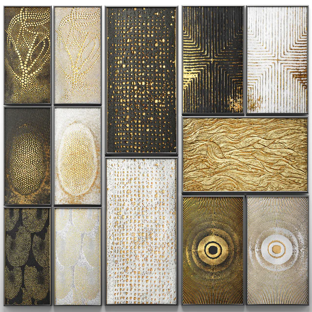 A collection of paintings. Gold. 3. wall decor, a set of paintings, luxury, panels, gold, white, black, set, decorative, abstraction, pattern — Descargar