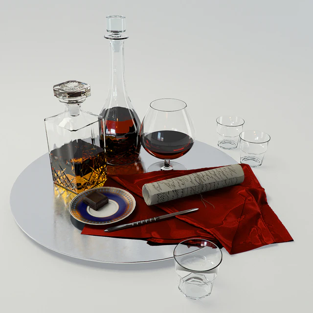 A set with a decanter of whiskey and brandy on a large platter - Set whiskey and cognac decanter on dish — Descargar