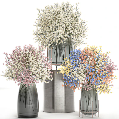 A collection of beautiful lush little white and pink bouquets in glass vases with Gypsophila, Gibsolyubka, Kachim. Set 107. — Ver 1