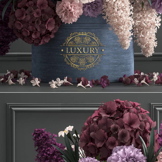 A bouquet of flowers in a gift box 87. Hydrangea, vase, peonies, oleander, decor, luxury, flowers, luxury decor, decoration, stylish, stucco, frame — Descargar