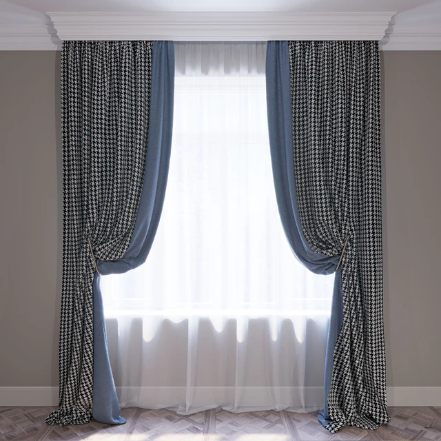 Комплект штор "Синий и гусиная лапка" Curtains blue and houndstooth — Скачать
