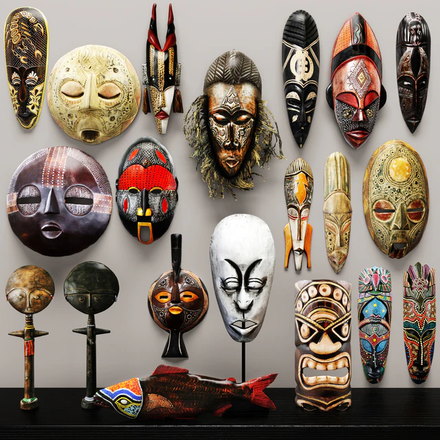 collection of masks and statuettes. 20 pieces, set, collection, mask, masks, eco design, African style, figurine, wall decor, wooden, ethnic — Download