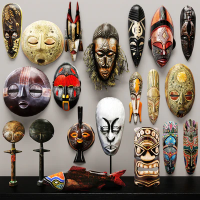 collection of masks and statuettes. 20 pieces, set, collection, mask, masks, eco design, African style, figurine, wall decor, wooden, ethnic — View 1