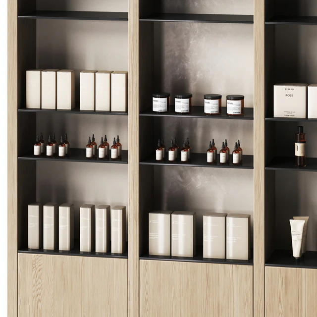 Cosmetics store with wooden eco shelves — Descargar