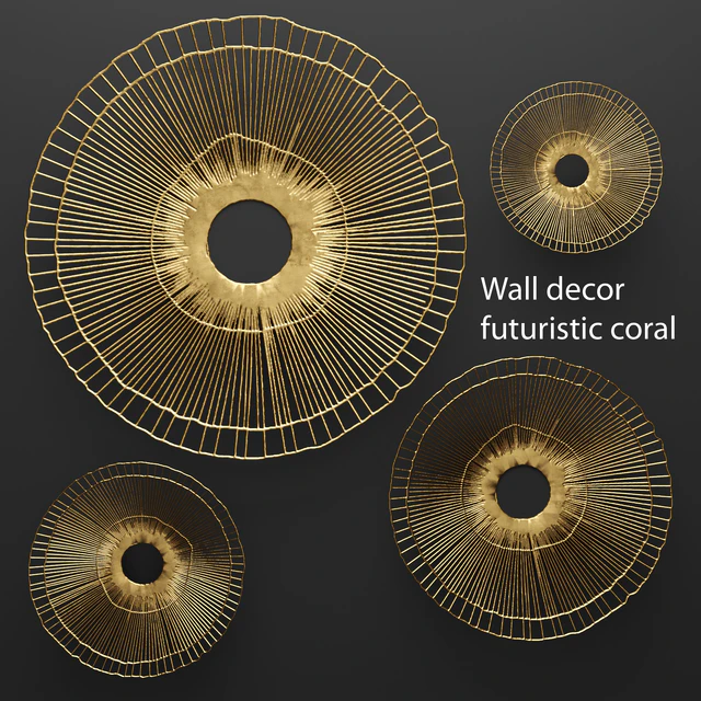 Wall decor futuristic coral. Panel.  настенный декор, арт, металлический, luxury, люкс, золото, абстракция, цветы, панно, круглый, диски, солнце, лофт, коралл, скульптура, арт, решетка, декор для стен — Скачать