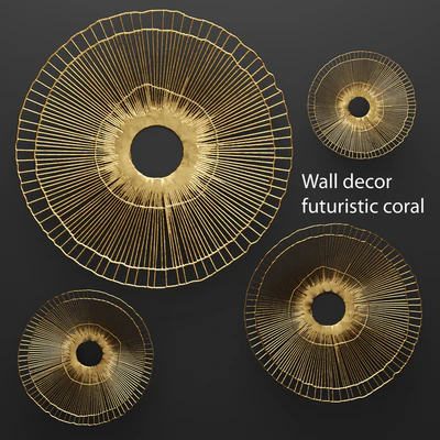 Wall decor futuristic coral. Panel.  настенный декор, арт, металлический, luxury, люкс, золото, абстракция, цветы, панно, круглый, диски, солнце, лофт, коралл, скульптура, арт, решетка, декор для стен — Вид 1