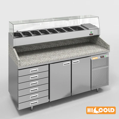 Столы HiCold холодильные пиццерийные из нержавеющей стали с каменной столешницей и стеклянной витриной #2 — Вид 3