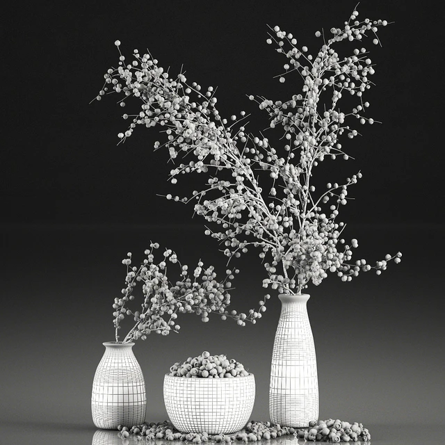 A collection of bouquets of branches with blueberries in black vases with blueberries, a bowl with berries, natural decor. Set 549. — Descargar