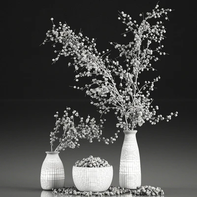 A collection of bouquets of branches with blueberries in black vases with blueberries, a bowl with berries, natural decor. Set 549. — Ver 5