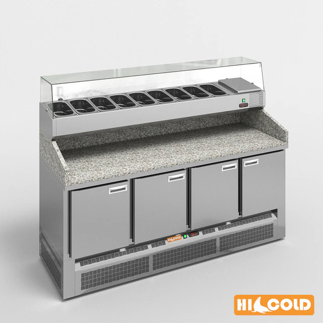 HiCold desks, refrigerated pizzeria, stainless steel with stone countertop and glass showcase # 1 — Descargar