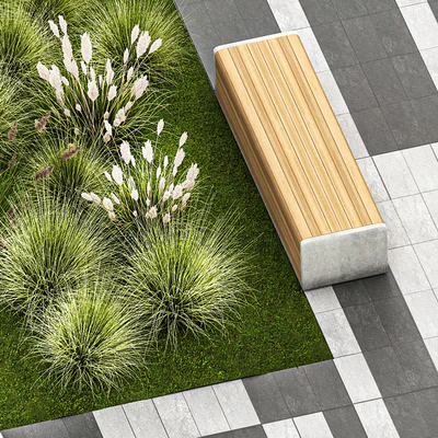 Plants for the urban environment with paving slabs, bench, bench, pampas grass bushes, Cortaderia. 1151. — Ver 7
