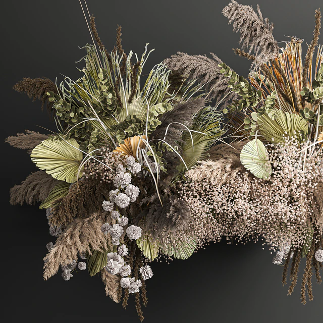 Hanging bouquet and installation under the ceiling, decor above the table made of dried flowers, palm leaf and pampas grass. 232. — Descargar