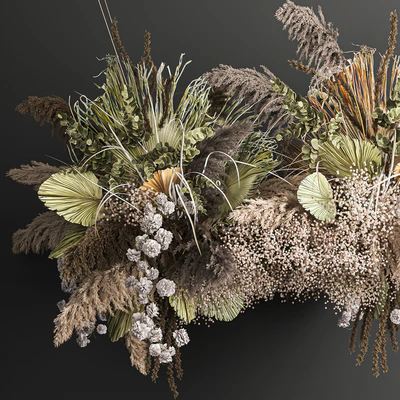 Hanging bouquet and installation under the ceiling, decor above the table made of dried flowers, palm leaf and pampas grass. 232. — Ver 6