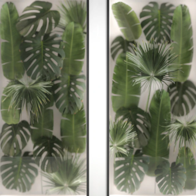 Phytowall and phytobox made of banana palm branches and fan palm leaves in a niche behind a translucent stack. Bouquet 286. — Descargar