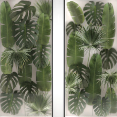 Phytowall and phytobox made of banana palm branches and fan palm leaves in a niche behind a translucent stack. Bouquet 286. — Ver 6
