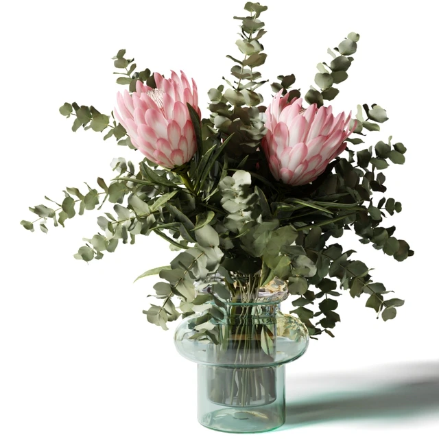 Bouquet with three pink proteas and eucalyptus in a glass vase — Descargar