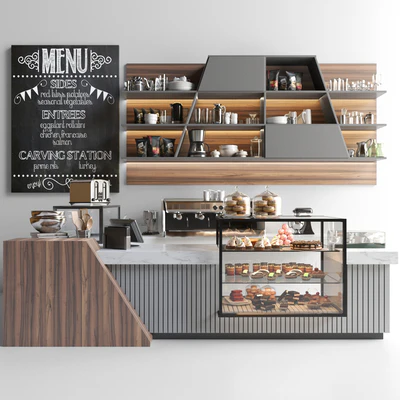 Design project of coffee point in loft style with desserts and sweets. Cafe — Ver 1