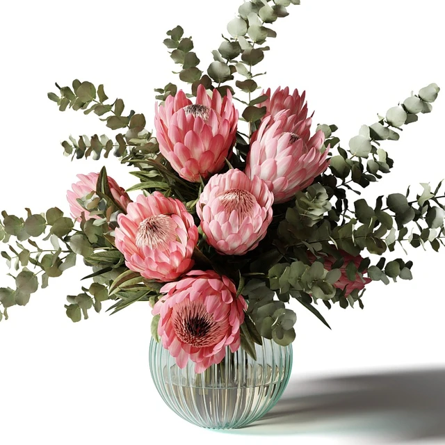 Bouquet with pink proteas and eucalyptus in a ribbed glass vase — Descargar