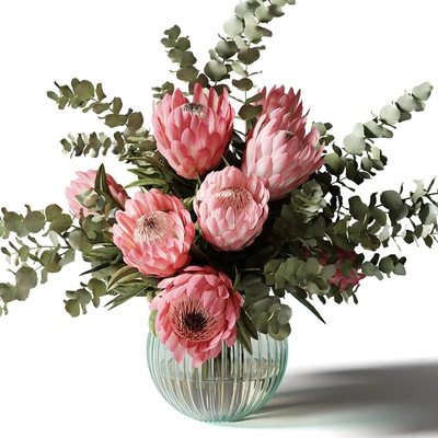 Bouquet with pink proteas and eucalyptus in a ribbed glass vase — Ver 1