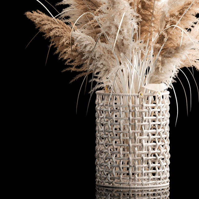 Bouquet of white dried flowers in a wicker basket, reeds, pampas grass, Cortaderia. 256. — Descargar