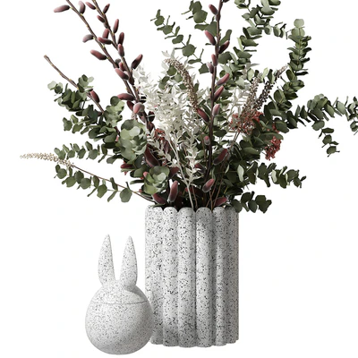 Bouquet with eucalyptus and flowers in a white vase — View 2