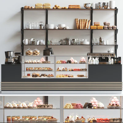 Design project of a coffee point in a minimalist style with a showcase with desserts and sweets. Cafe — Ver 1