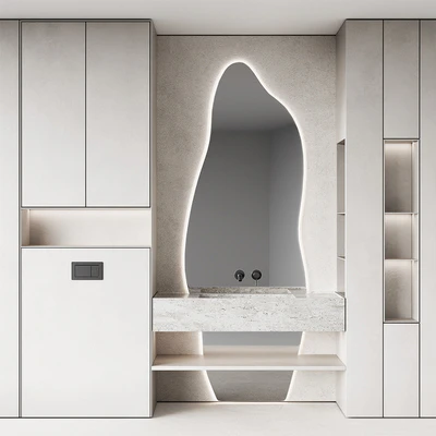 Bathroom furniture set 8. Monochrome grey. Curved mirror shape. Stone sink. Wall-mounted faucet. — Ver 1