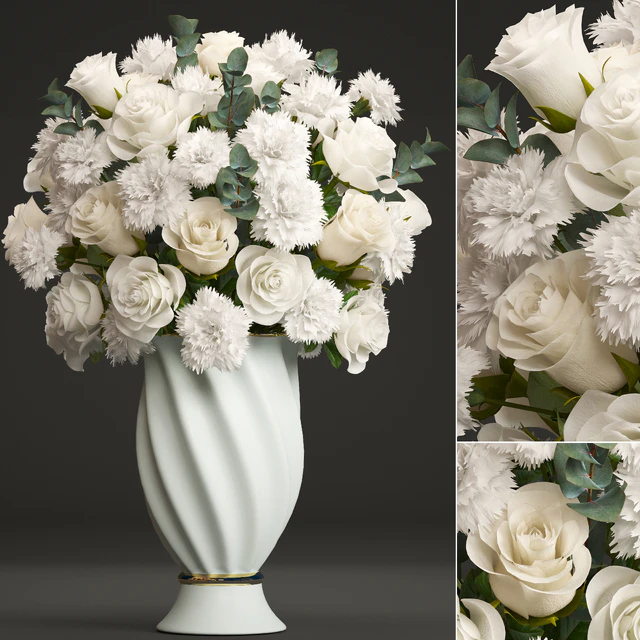 Bouquet of white flowers 35. Spring bouquet, vase, eucalyptus, white rose, carnation, luxury decor, classic vase — Descargar