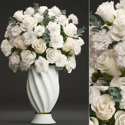 Bouquet of white flowers 35. Spring bouquet, vase, eucalyptus, white rose, carnation, luxury decor, classic vase — Ver 1