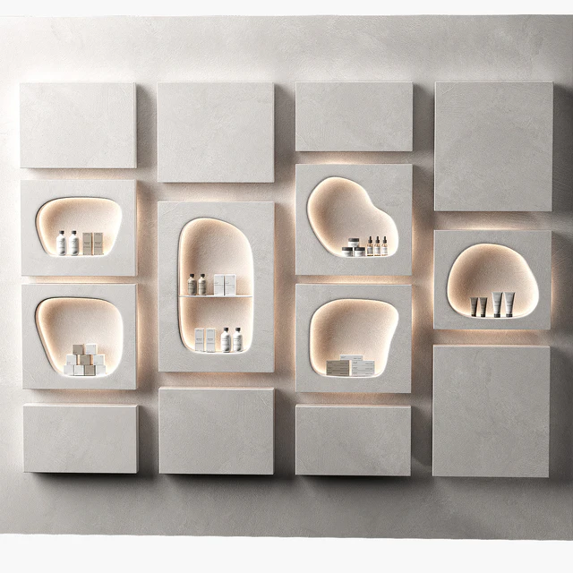 Modular Niche Shelves in the wall. Cosmetics shop. Backlit wavy beauty salon. — Скачать