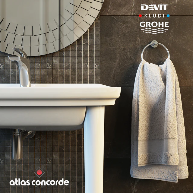 Смеситель KLUDI Balance, умывальник Devit retro, кольцо Grohe ESSENTIALS, плитка Atlas Concorde Marvel — Скачать