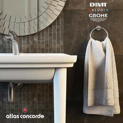 Смеситель KLUDI Balance, умывальник Devit retro, кольцо Grohe ESSENTIALS, плитка Atlas Concorde Marvel — Вид 3