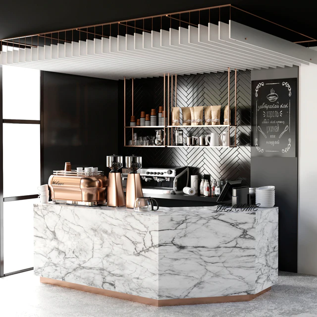 Cafe design 5. Coffee, coffee maker, coffee machine, coffee point, coffee grinder, dishes, marble, panels — Descargar