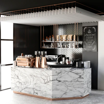 Cafe design 5. Coffee, coffee maker, coffee machine, coffee point, coffee grinder, dishes, marble, panels — Ver 3