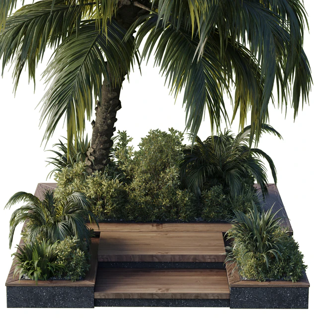 Collection Outdoor plant 102 garden pot tree palm bush fern grass concrete base — Скачать
