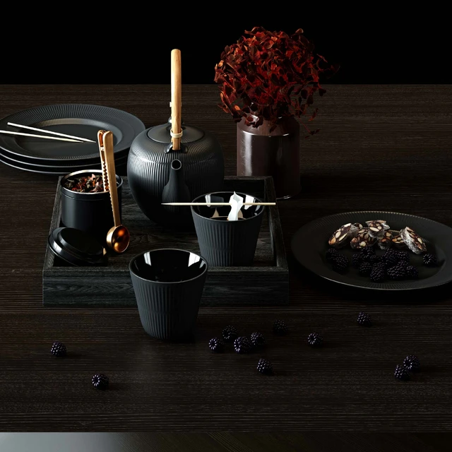 BLACK FLUTED set - thermal teapot, plates and cups — Descargar