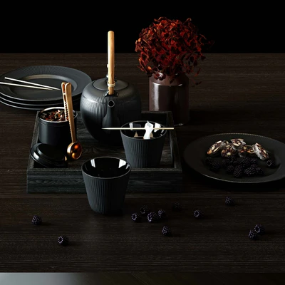 BLACK FLUTED set - thermal teapot, plates and cups — Ver 3