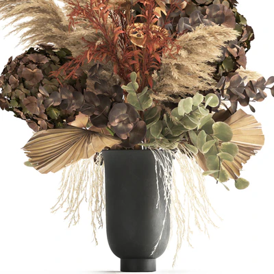 Bouquet of dried flowers in a black vase with dry branches of palm leaves, pampas and Hydrangea. 160. — Ver 6